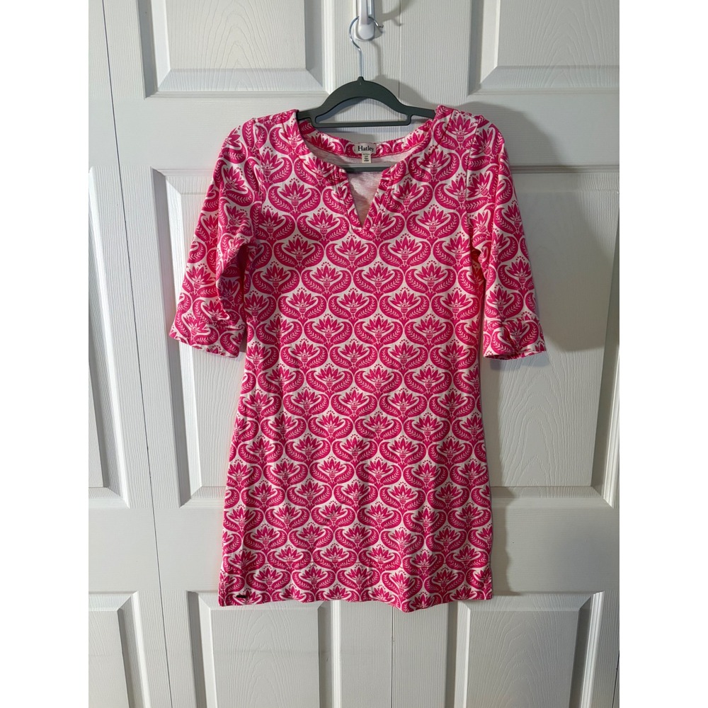Hatley Pink White Floral Damask Cotton Jersey Shift Dress Split Neck Small
